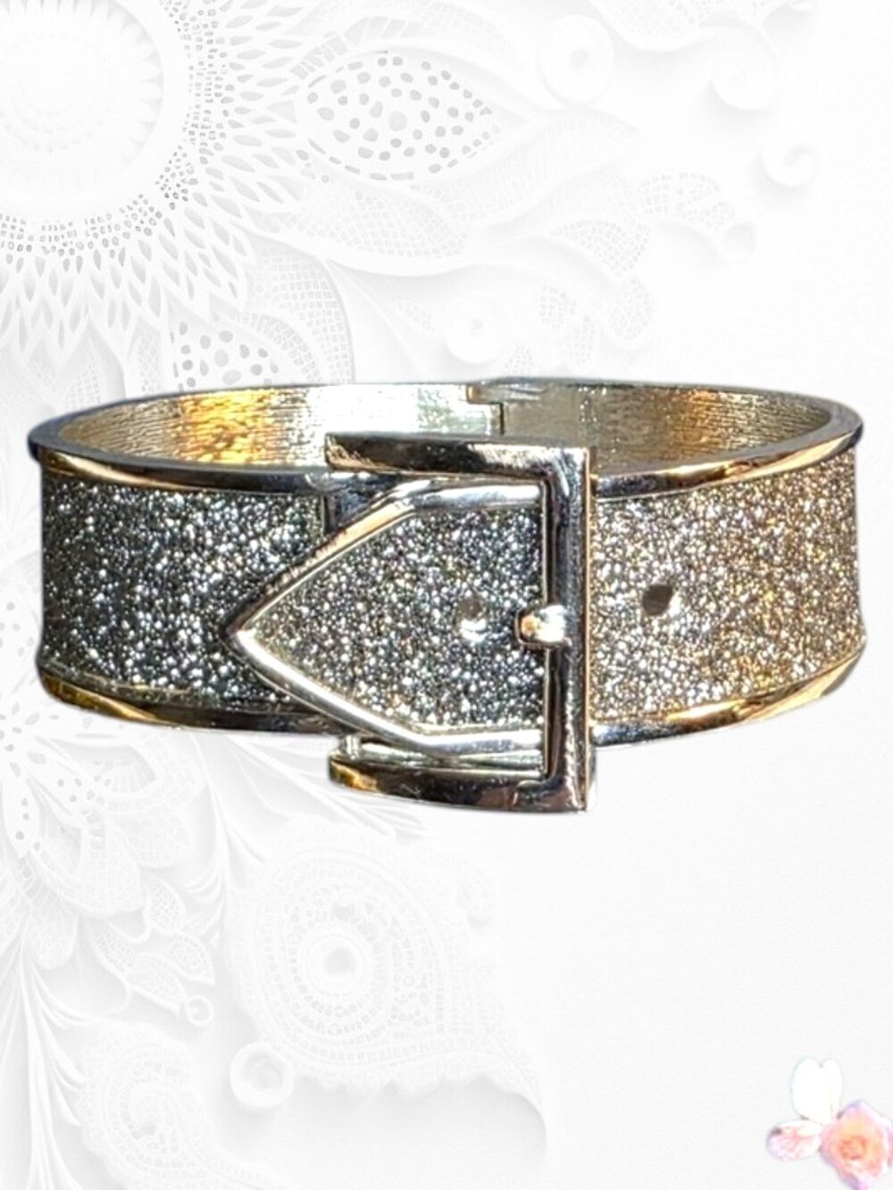 Y2K Silver Tone Black Pavé Belt Buckle Cuff Bracelet 373